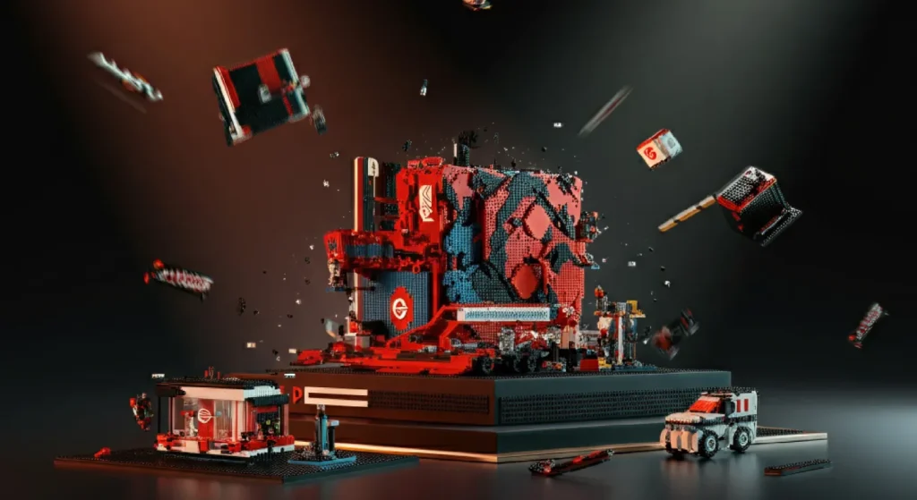 Custom LEGO-inspired brick set featuring a branded office, delivery truck, and modular components, symbolizing creative corporate gifts and promotional builds.